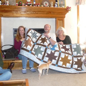 Elaine, Fred and SAO with Fred's Boxy Stars Quilt
