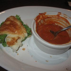 Chicken salad sandwich and half eaten tomato basil soup - YUM