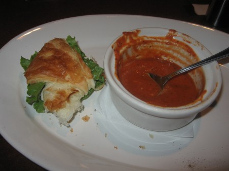 Chicken salad sandwich and half eaten tomato basil soup - YUM