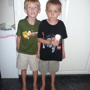 Cooper (5) and James (6) with the LEGO shirt