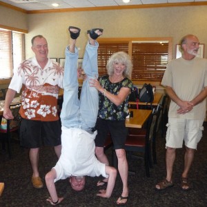 Fred standing on his head in the restaurant!