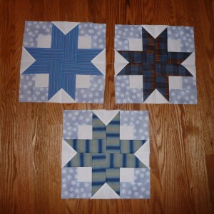 First 3 blocks of Fred\'s Boxy Stars Quilt