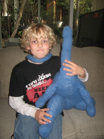 Vincent and the LIFESIZED DINOSAUR that I knitted
